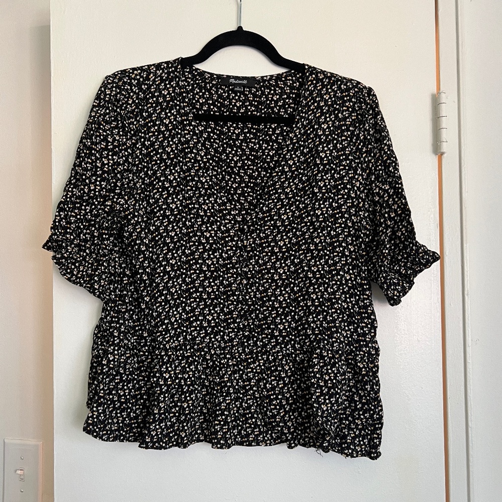 Madewell Black and White Floral Button Flared Blouse
